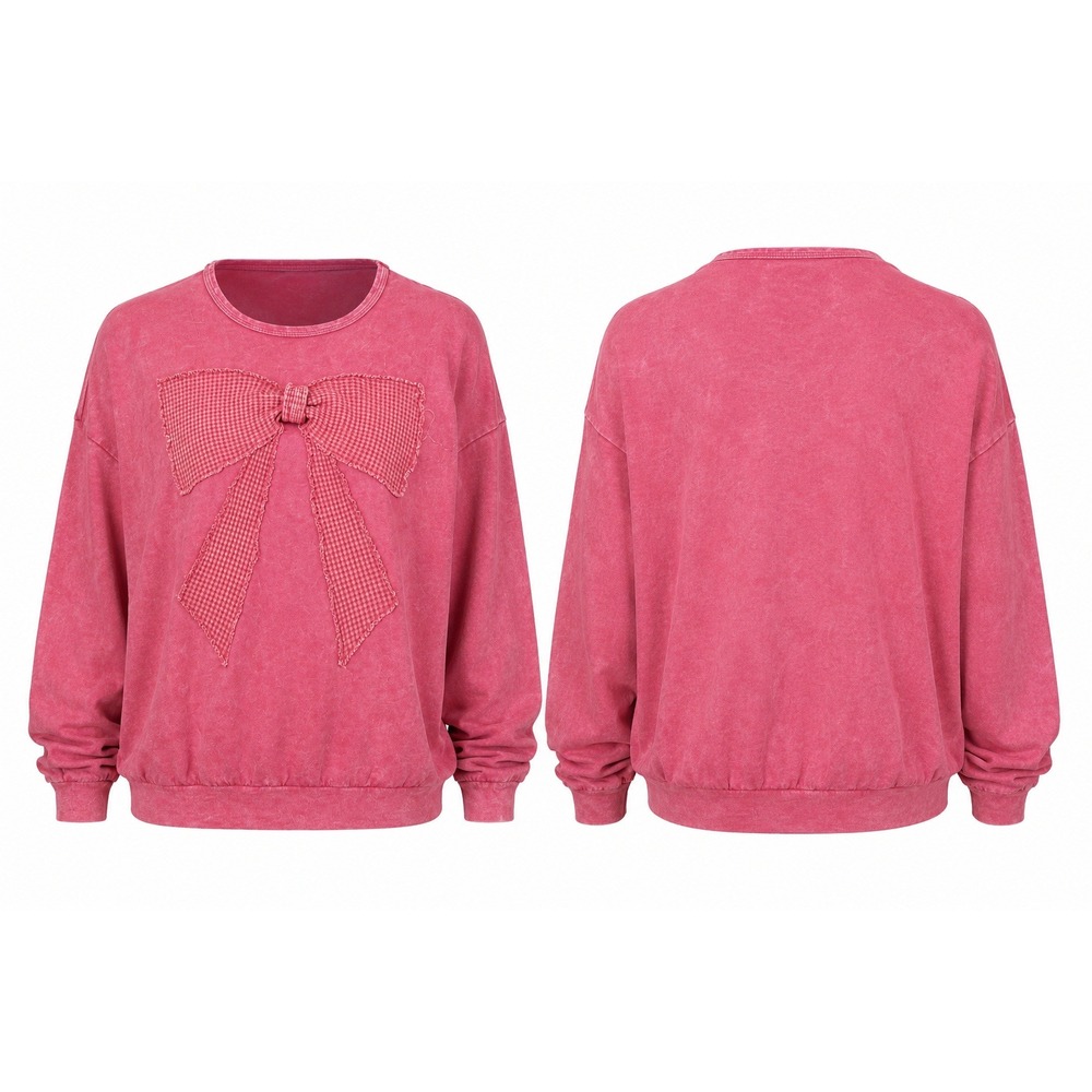 J. HER Pink Acid Wash Bow Sweatshirt Long Sleeve Slouchy Top HT6129 Large